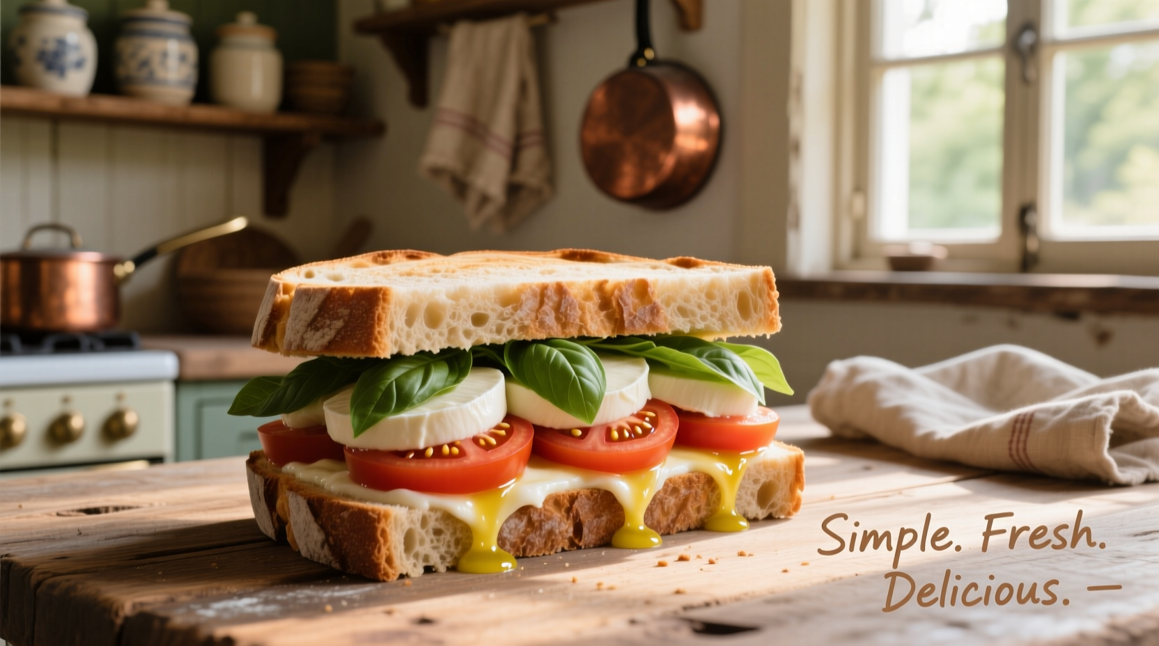 Fresh mozzarella tomato sandwich on rustic bread