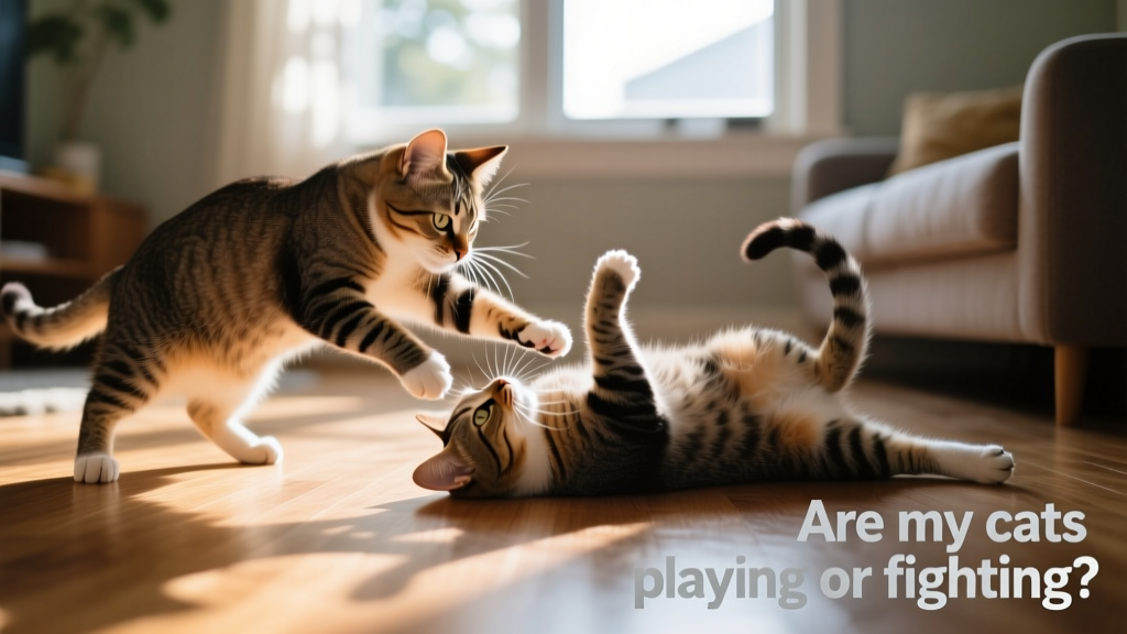Two cats engaged in gentle play-fighting: one pounces while the other rolls onto its side, tails relaxed and ears forward