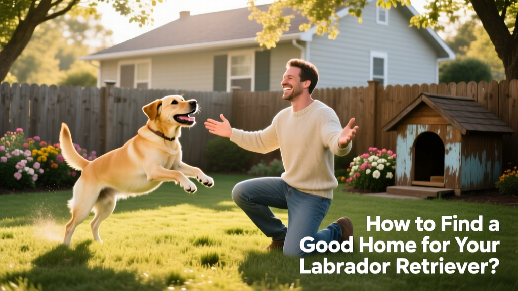 A happy Labrador Retriever playing fetch in a fenced backyard with a new owner