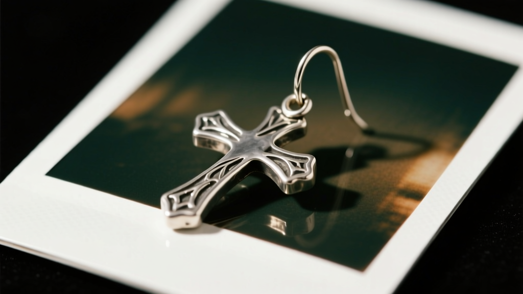1980s sterling silver cross earring on a polaroid, moody lighting highlighting oxidized details and a thick 16-gauge wire post.