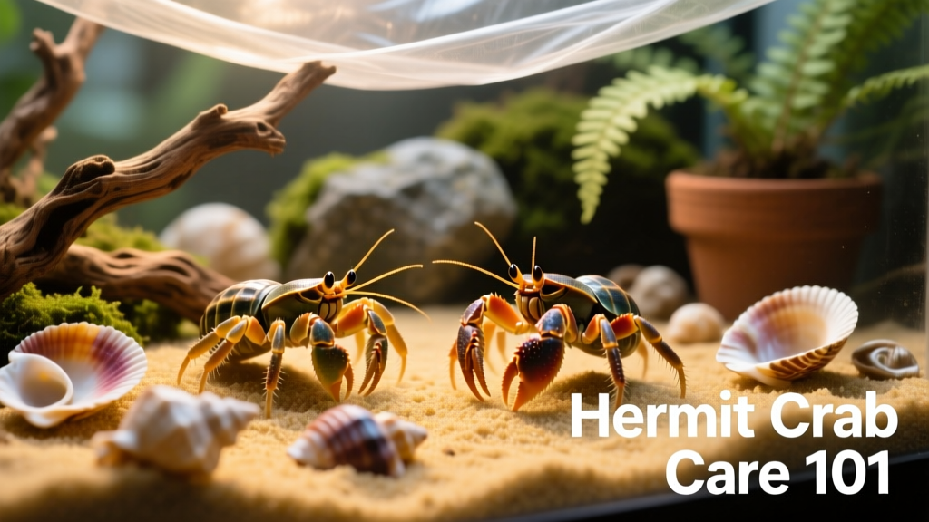 Two healthy hermit crabs exploring a naturalistic terrarium with sand, climbing branches, and spare shells