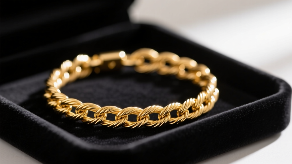 Close-up of a 14k solid gold rope chain bracelet with a visible micro-weld link resting on a dark velvet jewelry cleaning tray