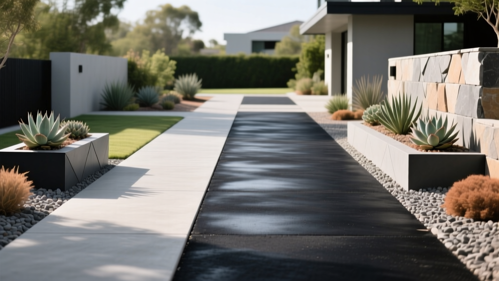 Smooth broom-finished concrete driveway next to freshly sealed blacktop asphalt, bordered by modern xeriscaping and stone walls