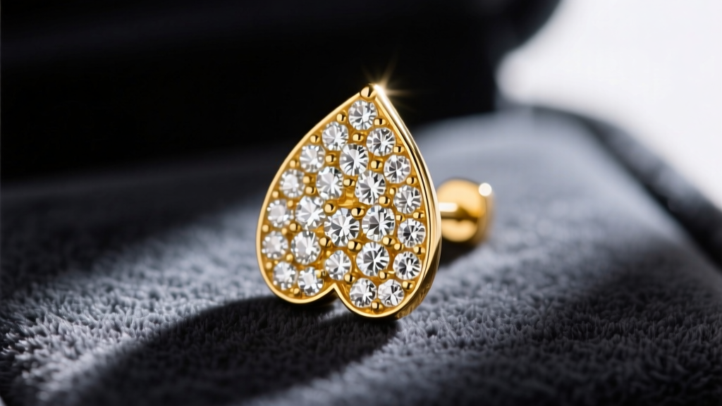 Macro shot of a 14k yellow gold Kate Spade spade stud earring with pave-set round brilliant diamonds resting on dark charcoal velvet