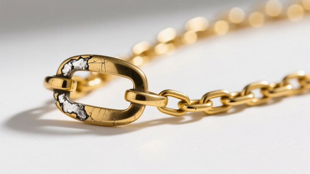 Macro shot of a worn gold-plated brass necklace clasp revealing base metal, beside a solid 14k yellow gold chain for comparison.