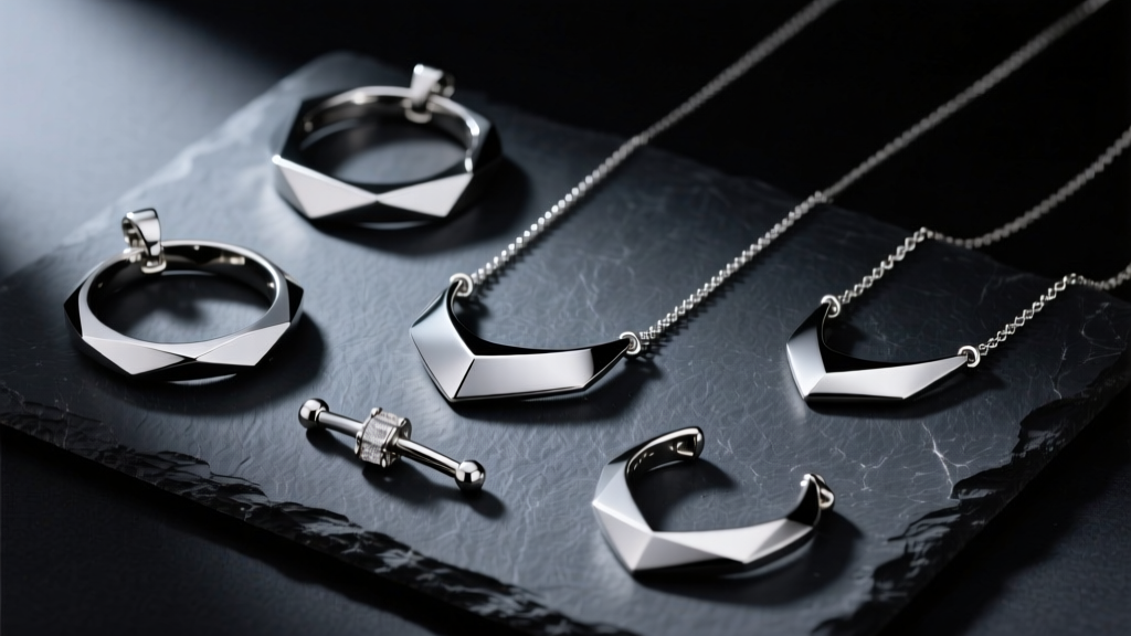 Flat lay of budget necklaces made of polished 316L stainless steel and grade 23 titanium on dark slate surface with soft shadows