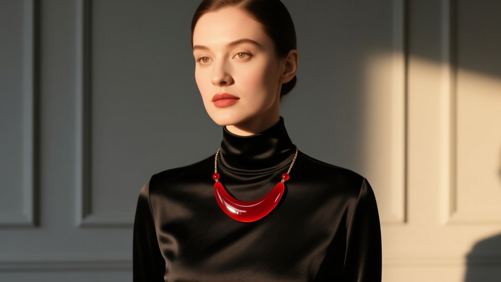 Elegant woman wearing a vintage red bakelite pendant necklace over a black silk turtleneck, soft evening ambient lighting.