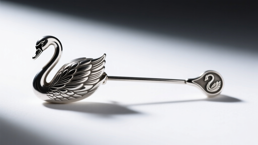 Macro shot of a vintage French silver brooch showing a tiny swan hallmark on the pin stem, lit by a cool directional LED light.