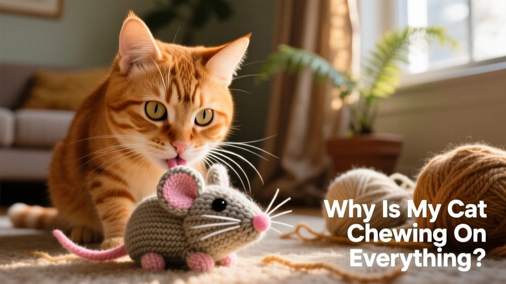 Close-up of a curious cat gently nibbling on a soft, cat-safe fabric toy