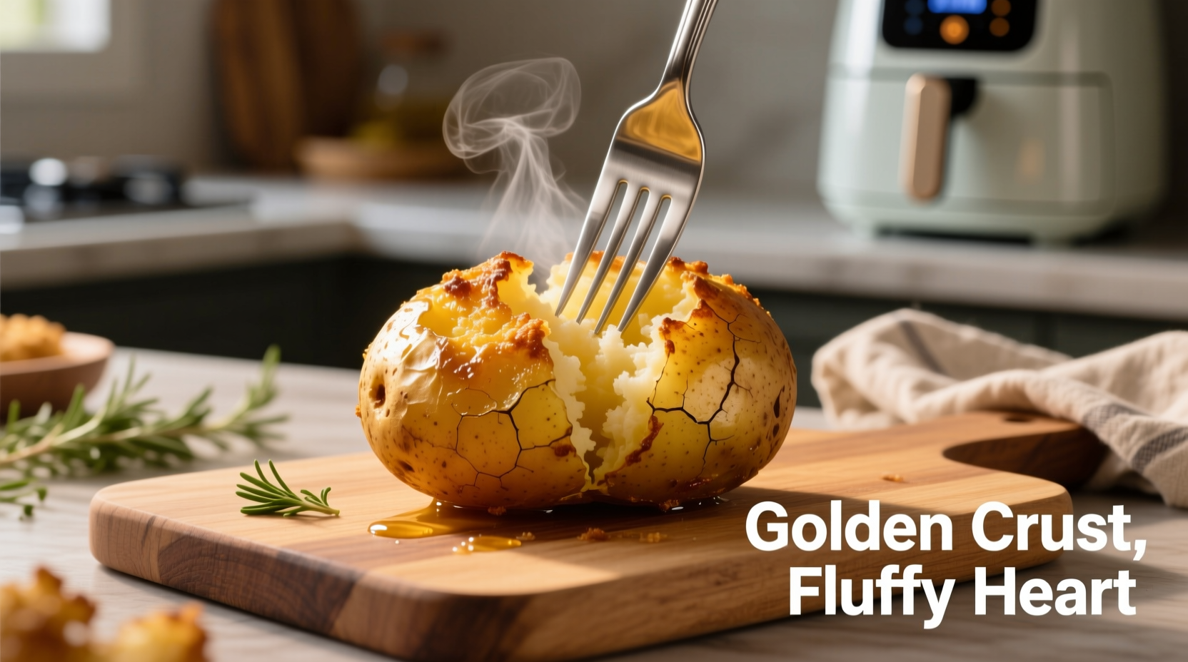 Perfect golden air fryer baked potato with fork