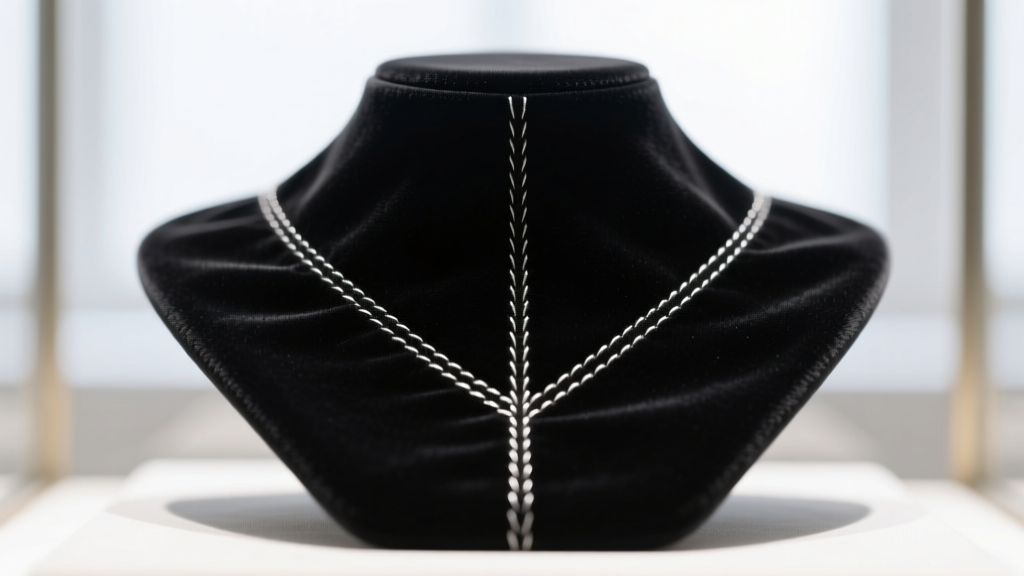 Close-up of acid-free velvet lining on a premium jewelry display stand, highlighting the stitching and matte black finish.