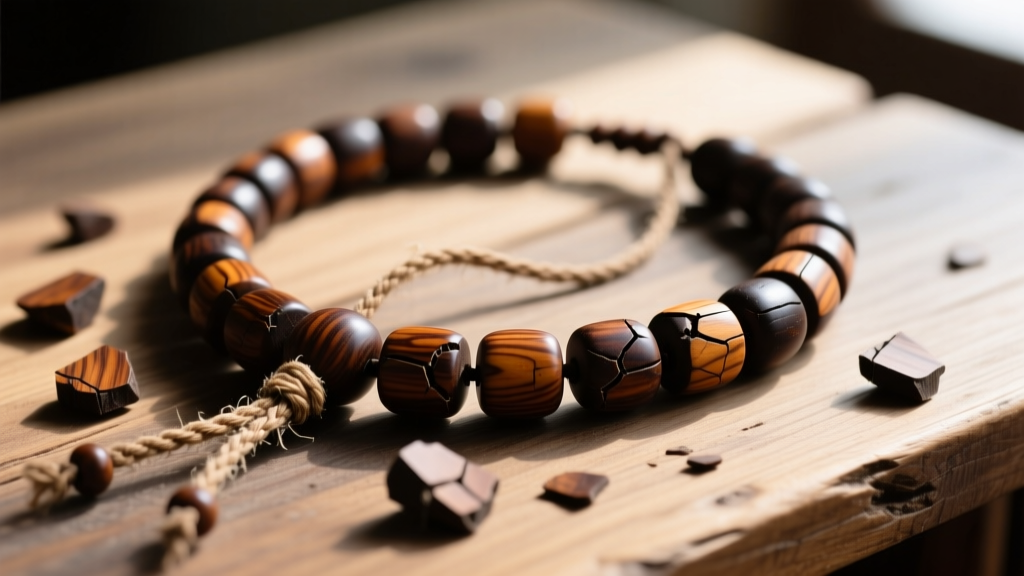 Close-up of a broken long wooden bead necklace with frayed nylon cord and scattered dark sandalwood beads on a rustic oak table.