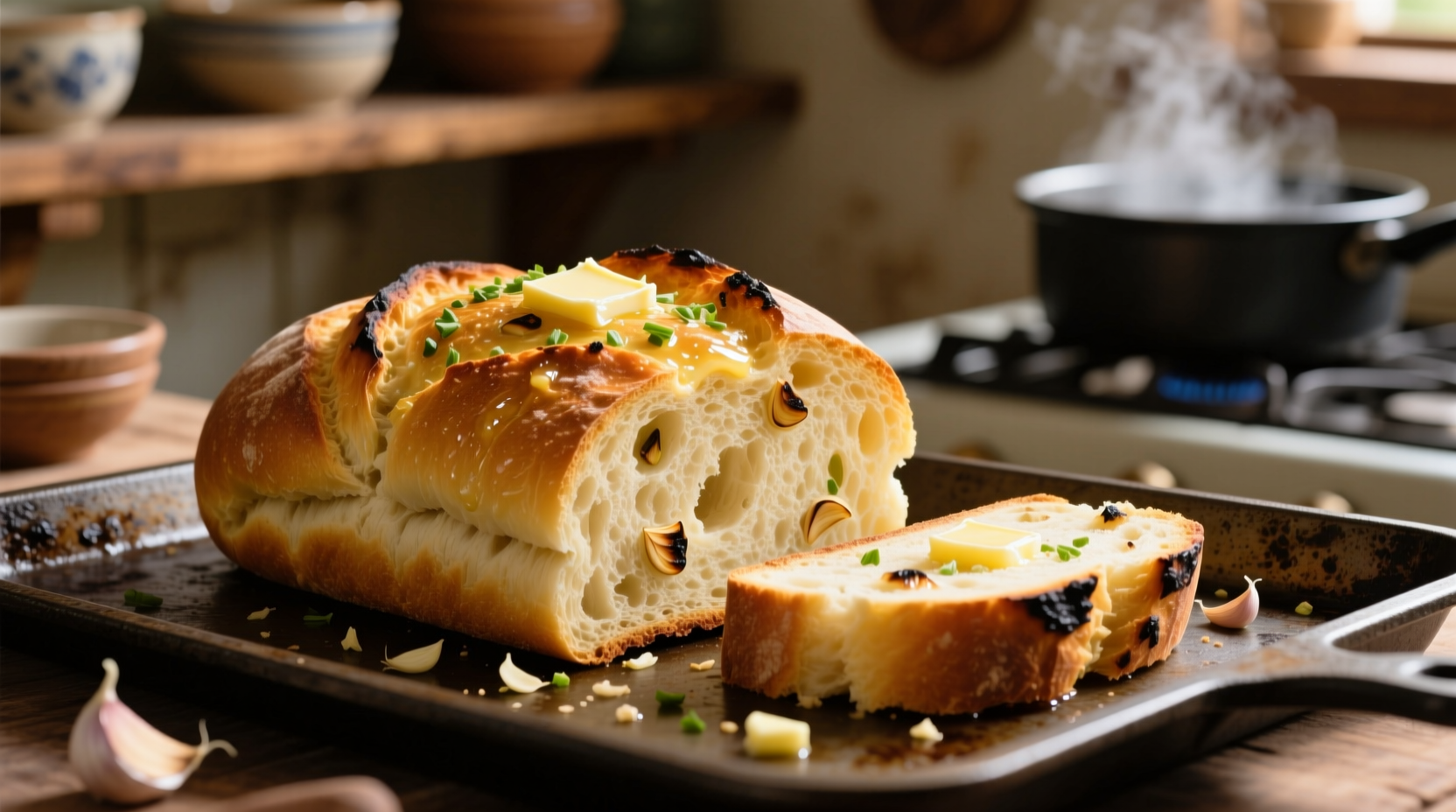 Perfect golden garlic bread on baking sheet