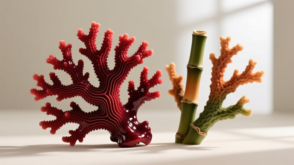 Polished precious Mediterranean red coral branch next to dyed bamboo coral, showing distinct growth rings under a jeweler's loupe.