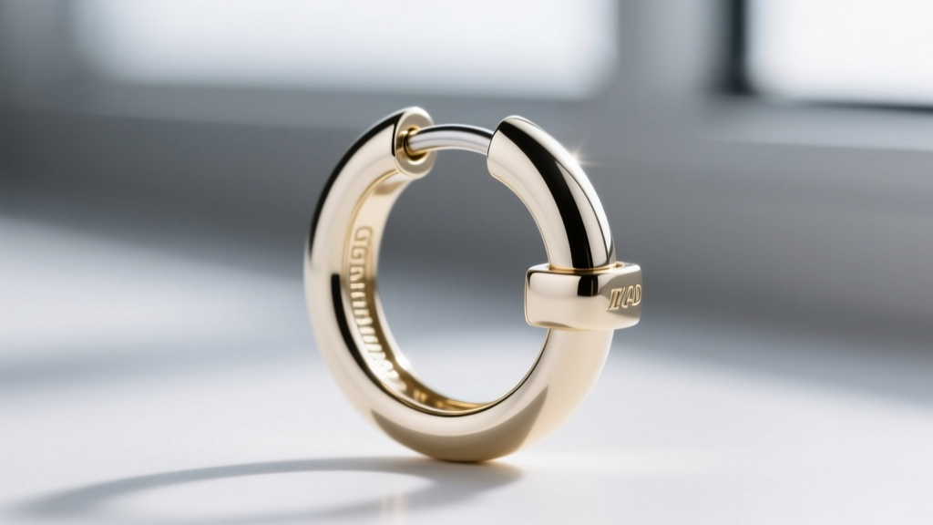 Close-up of a 16-gauge 14k white gold hinged clicker closure on a cartilage hoop, showing the seamless interlocking mechanism