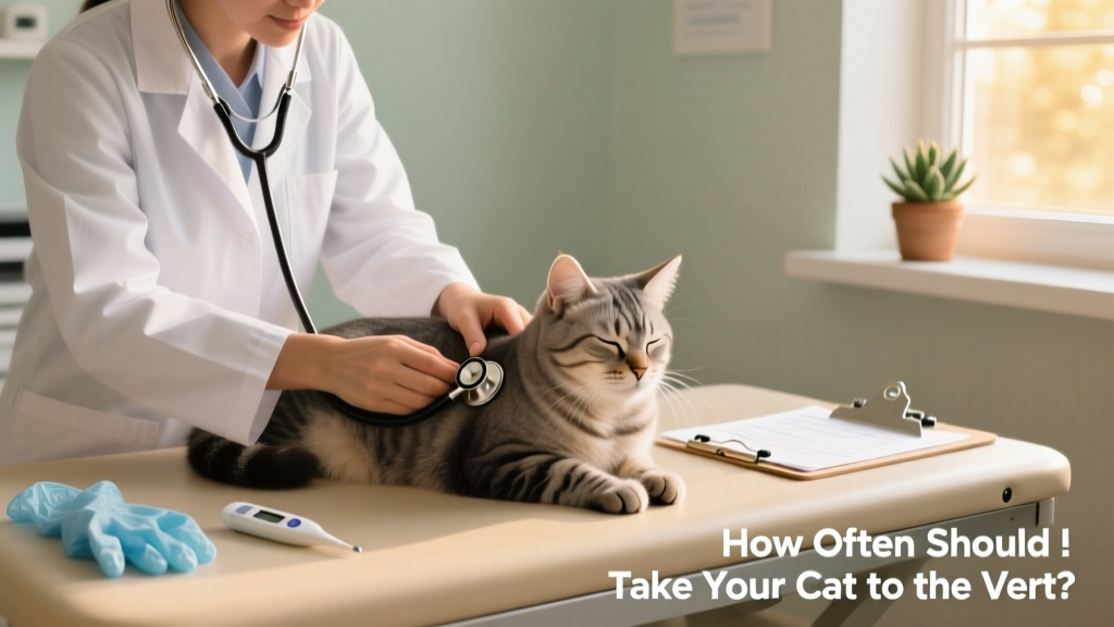 A veterinarian listening to a cat’s heart with a stethoscope during a routine wellness exam