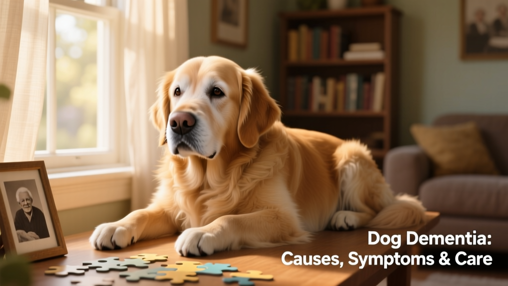 Senior dog resting calmly beside a window with soft natural light