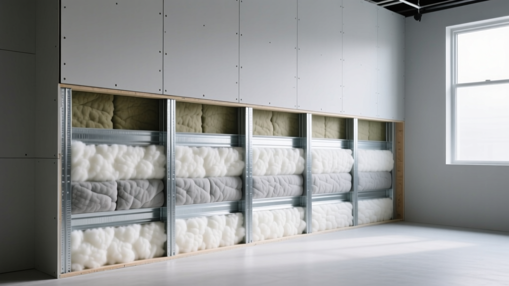 Cross-section of framed wall exposing dense mineral wool batts, resilient metal channels, and soundproof drywall in a studio build.