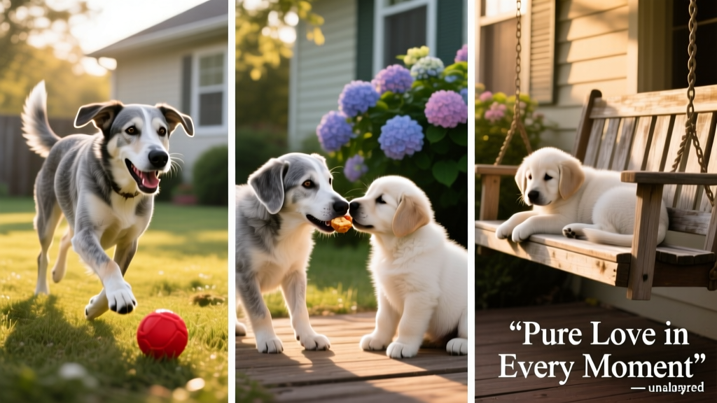 A joyful montage of the dog and puppy playing fetch, sharing treats, and resting side-by-side on a porch swing