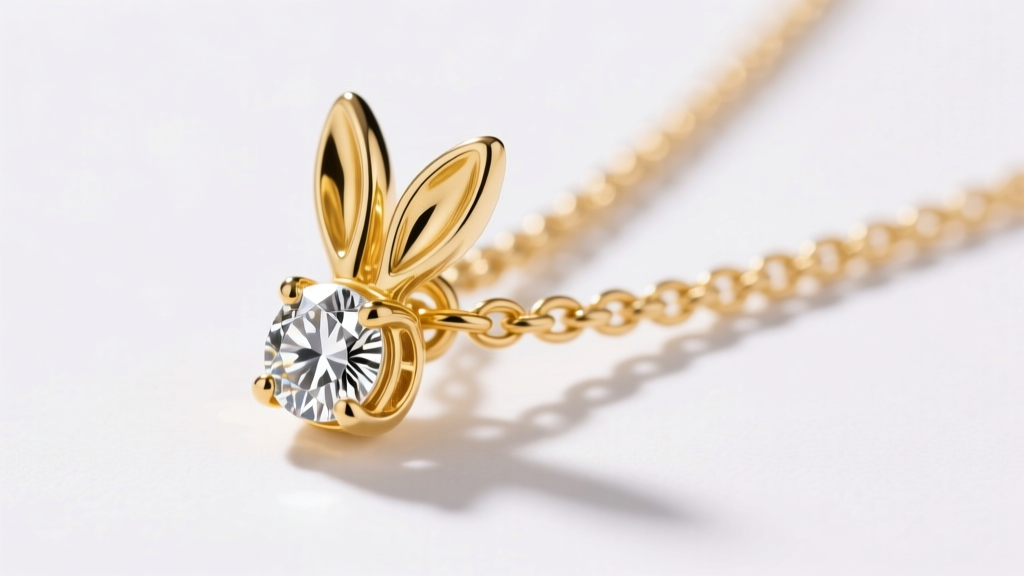 Macro shot of a 14k yellow gold rabbit ear bail connecting a diamond pendant to a delicate rope chain under bright studio lighting