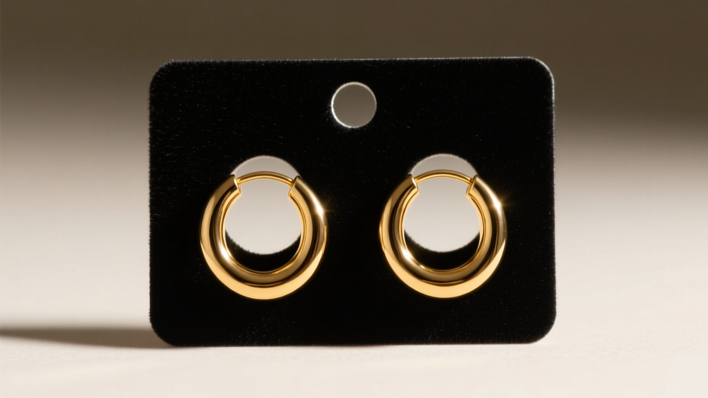 Macro view of a 400gsm matte black custom earring card with die-cut holes holding gold huggie hoops under soft studio lighting