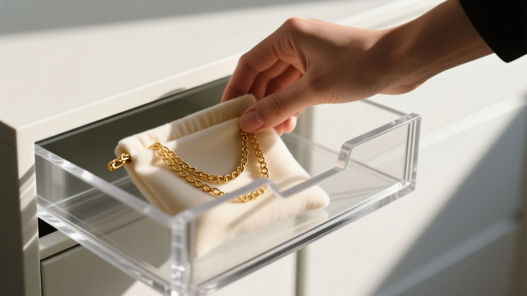 Hands placing a microfiber pouch inside a hard acrylic drawer to protect delicate gold chains from friction and surface scratches.