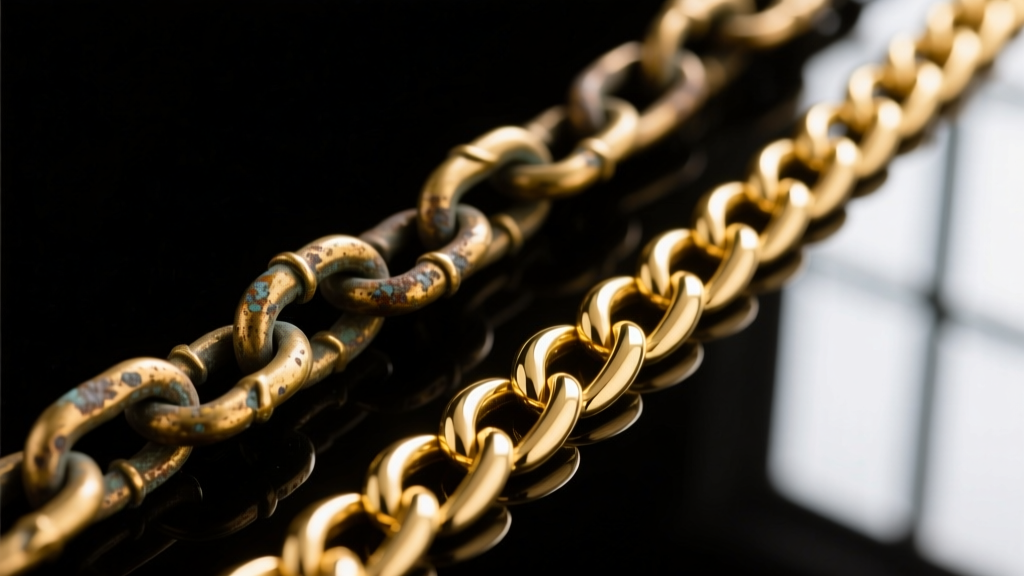 Macro shot comparing a tarnished brass chain to a bright gold vermeil chain, highlighting the rich color and smooth link texture.