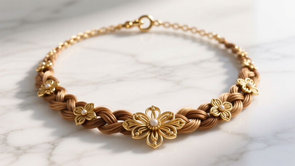Victorian woven hairwork chain necklace with a gold clasp, photographed flat on white marble under soft, diffused natural light.