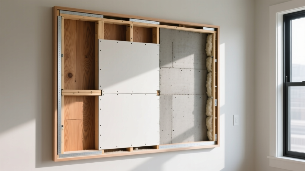Cross-section of framed wall showing half-inch gypsum board installed alongside wood veneer plaster and cement board alternatives