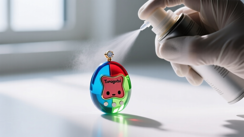 Macro shot of a jeweler applying a micro-thin layer of clear protectant spray to a brightly colored resin Tamagotchi pendant