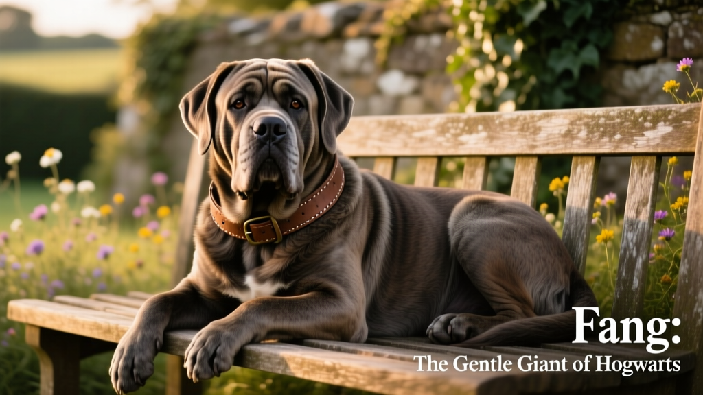 A Neapolitan Mastiff resting calmly on a rustic wooden bench, wearing a simple leather collar—evoking Fang’s iconic on-screen presence
