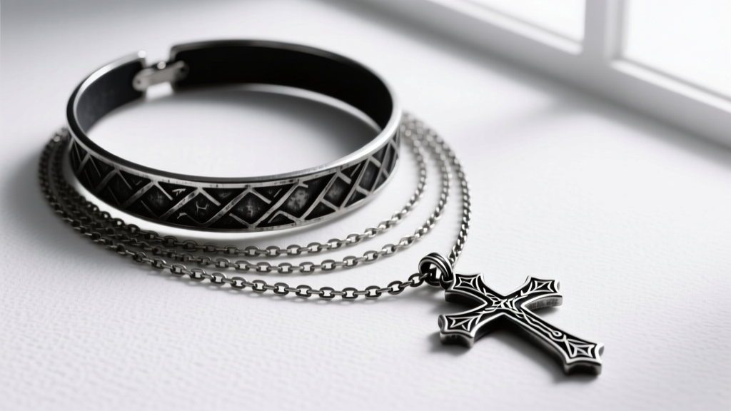 A stylist flat lay showing a layered necklace stack with a 16-inch blackened silver choker and a 24-inch gothic cross pendant.