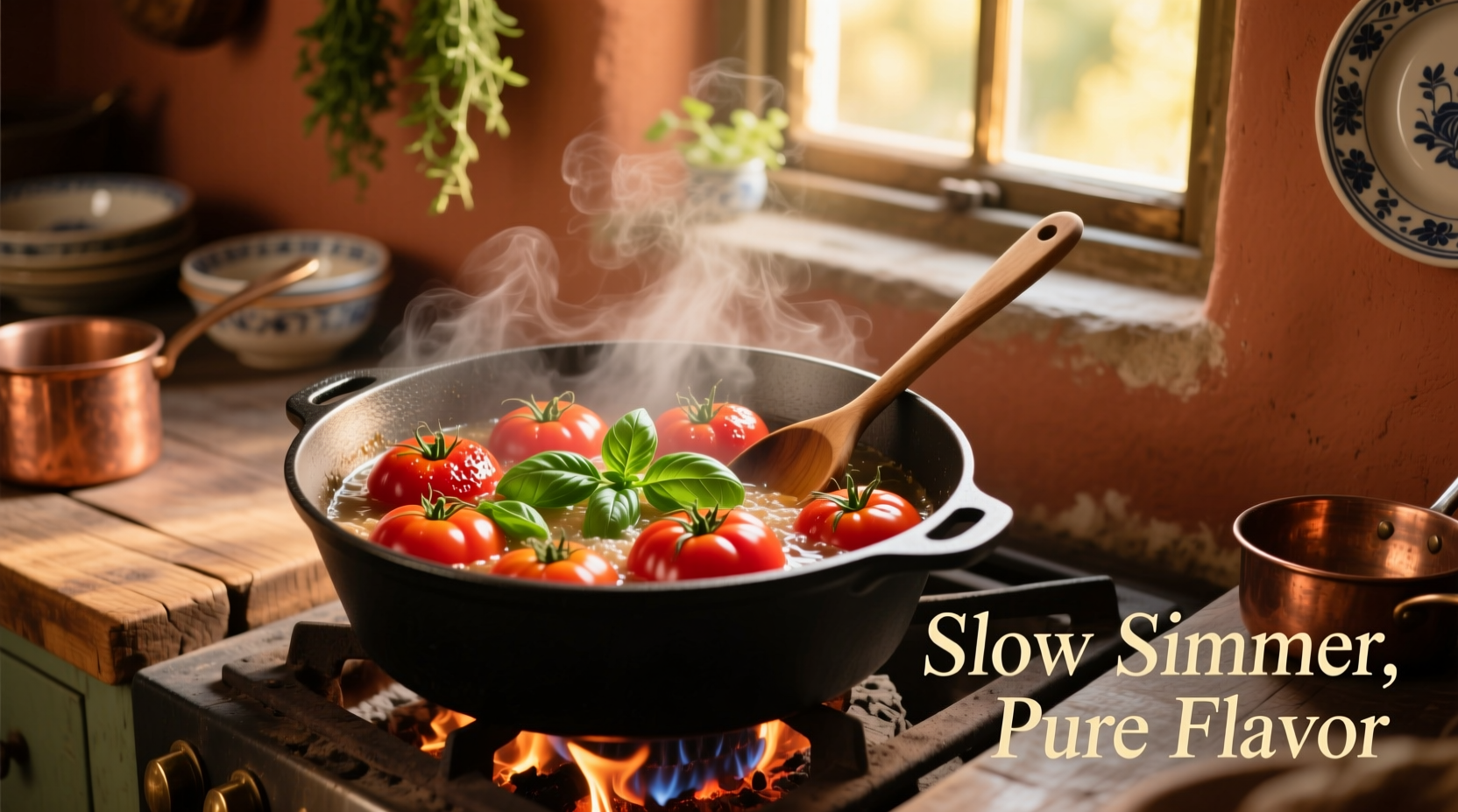 Fresh organic tomatoes simmering in a pot with basil