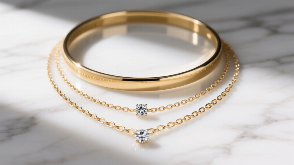 Layered 14k gold necklace stack with a delicate choker, paperclip chain, and diamond pendant on white marble.