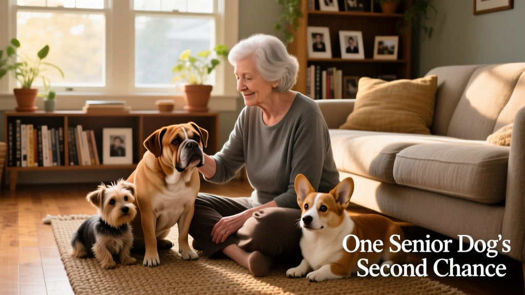 Stacy sitting on her living room floor, gently petting Bessie, a gentle-faced bulldog mix, with two small dogs curled nearby