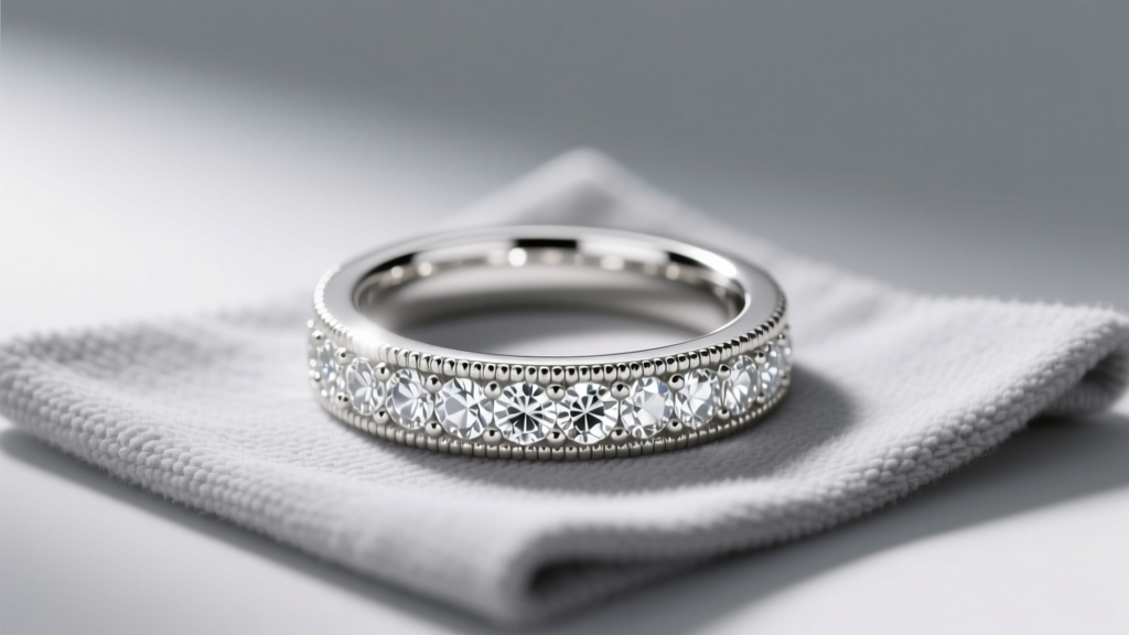 18k white gold diamond ring resting on a grey microfiber cloth after cleaning, illuminated by soft, warm studio lighting