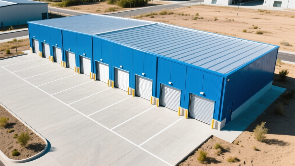 Aerial view of a newly constructed single-story self-storage facility with blue steel exterior panels, concrete drive aisles, and roll-up doors