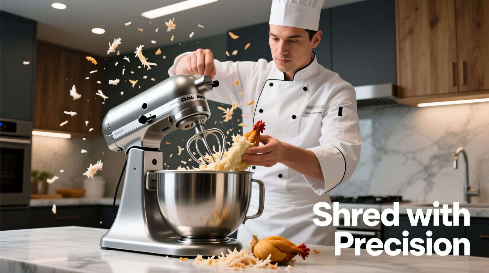Chef demonstrating chicken shredding technique with stand mixer