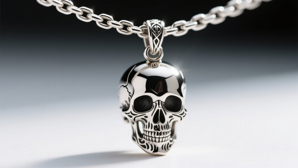 Extreme macro close-up of a 3mm sterling silver figaro chain threading through the hidden bail of a detailed skull pendant