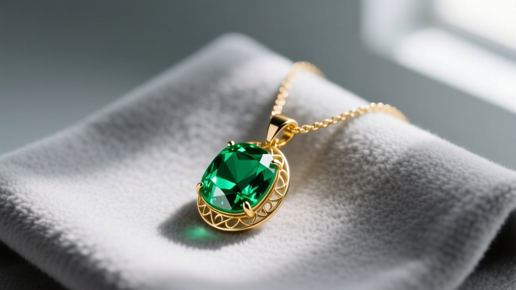 Close-up of a delicate gold necklace birthstone pendant with a vibrant green emerald resting on a soft gray microfiber cloth