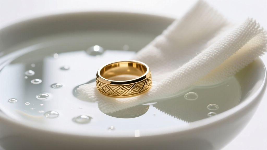Close-up of a microfiber cloth gently wiping a gold-plated brass cocktail ring submerged in a bowl of mild soapy distilled water