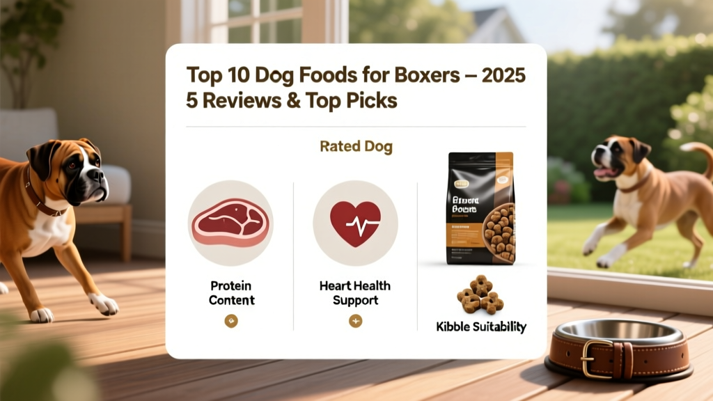 Side-by-side comparison chart showing top-rated dog foods for Boxers, with icons for protein content, heart health support, and kibble suitability