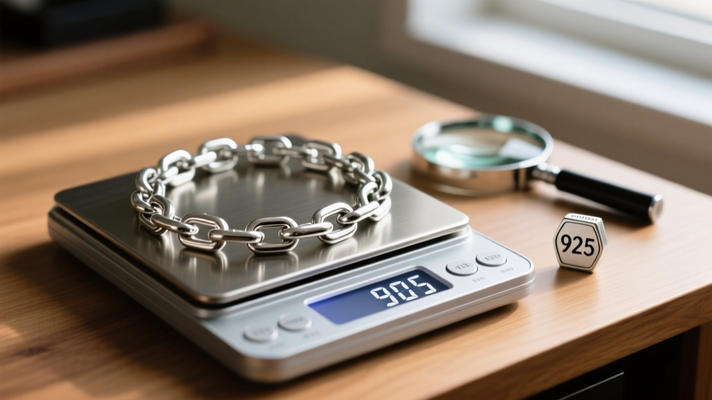 Digital scale weighing a large silver chain, with a loupe and 925 stamp visible in the soft blurred background on a wooden desk.