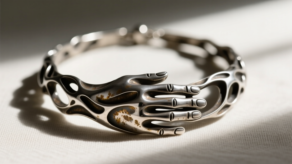 Close-up of oxidized sterling silver Mano Fico hand necklace showing deep contrast in carved crevices against neutral linen