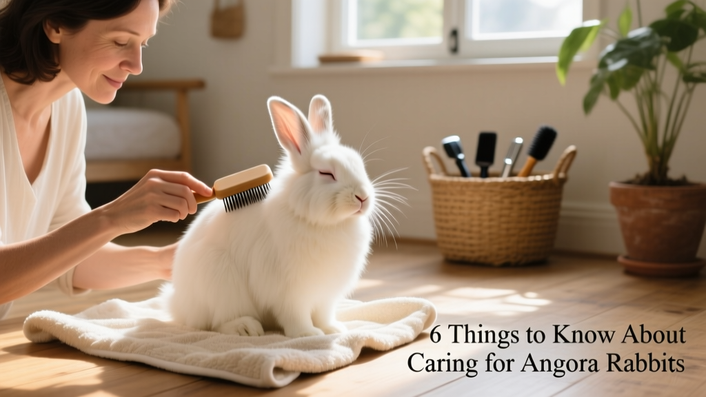 A person gently brushing an English Angora rabbit with a slicker brush while the bunny sits calmly on a soft towel
