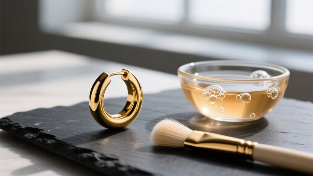 Macro photo of a single 14k gold one hoop earring on dark slate beside a soft brush and a small glass bowl of warm soapy water.