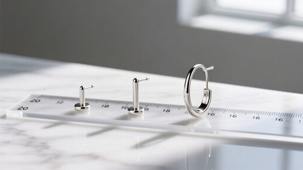Three bare sterling silver earring posts on a ruler, showing thickness differences between 20, 18, and 16 gauge wire.