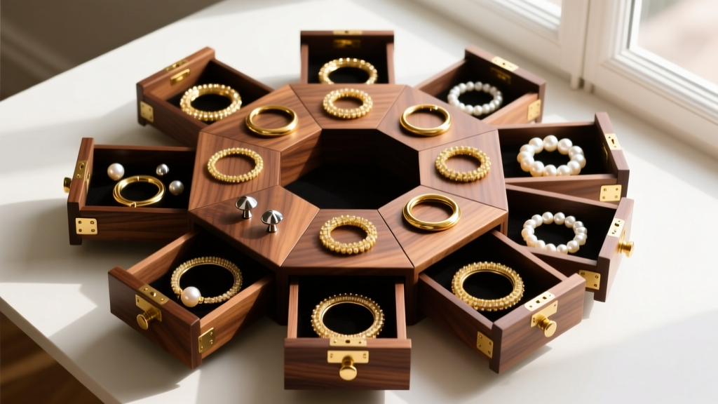 Overhead flat lay of a luxurious 24-drawer wooden advent calendar filled with sparkling gold hoops, titanium studs, and pearls.