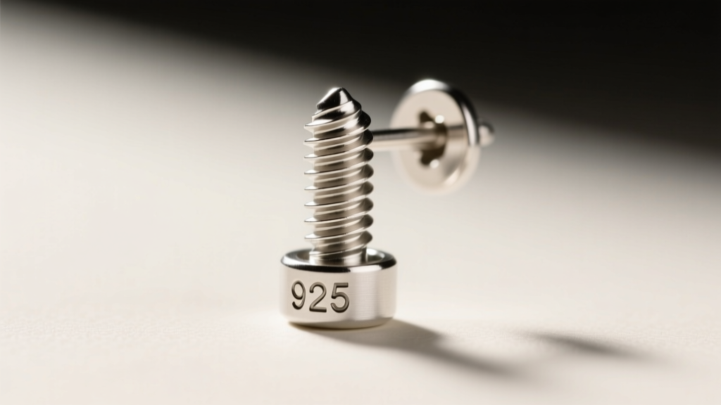 Macro view of a 20-gauge sterling silver earring post with a screw back, showing the threaded ridge and a clear 925 hallmark stamp.