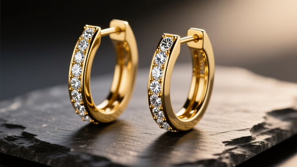 Close-up of 14k yellow gold baguette hoop earrings with channel-set lab diamonds on dark slate under warm studio light